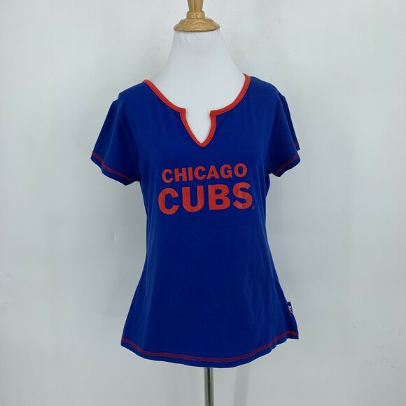 Vintage Chicago Cubs Shirt Women XS Youth Size XL Red Trim Notch Neck Blue Tee - Picture 2 of 10